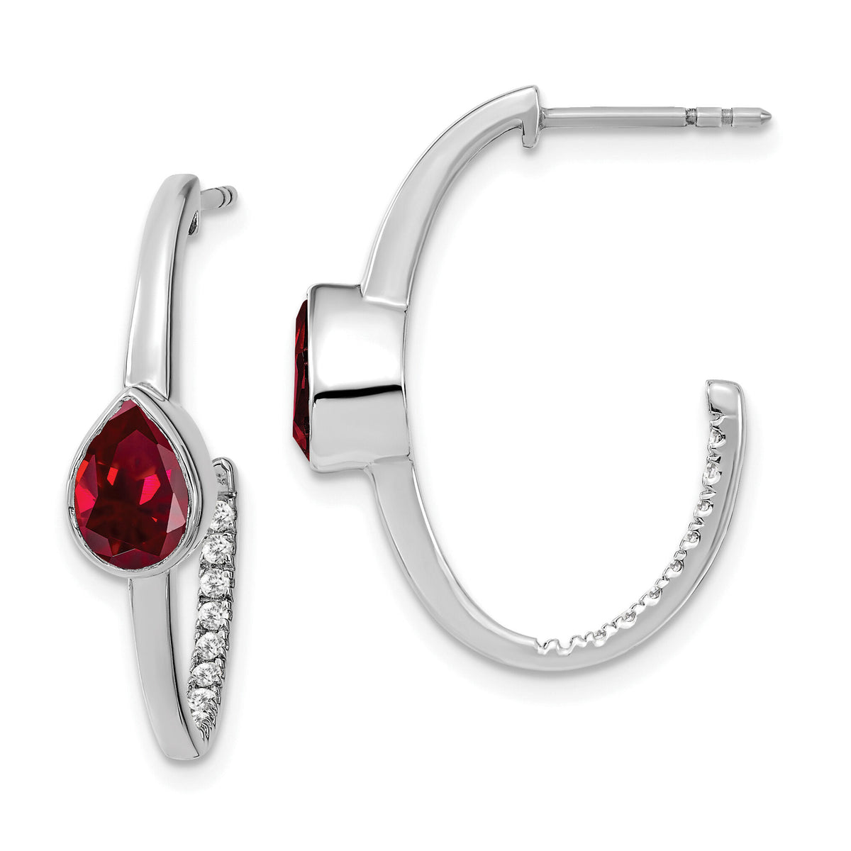 14k White Gold Pear Created Ruby and Diamond J-Hoop Earrings-EM7215-RU-018-WA