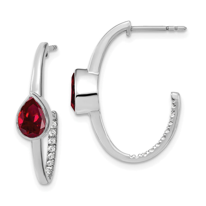 14k White Gold Pear Created Ruby and Diamond J-Hoop Earrings-EM7215-RU-018-WA