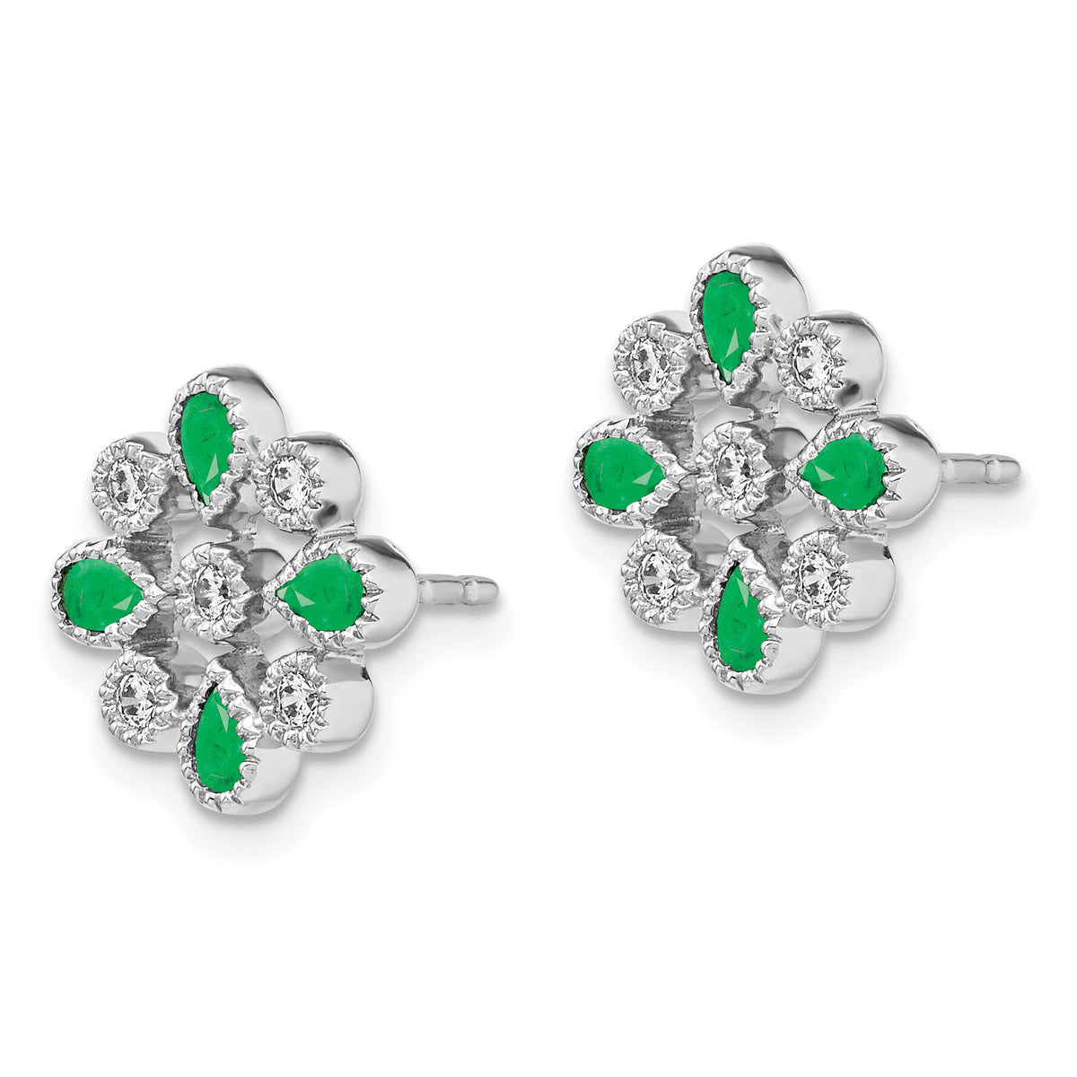 14k White Gold Emerald and Diamond Post Earrings-EM7218-EM-015-WA