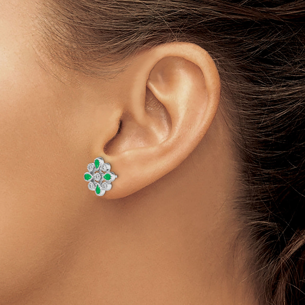 14k White Gold Emerald and Diamond Post Earrings-EM7218-EM-015-WA