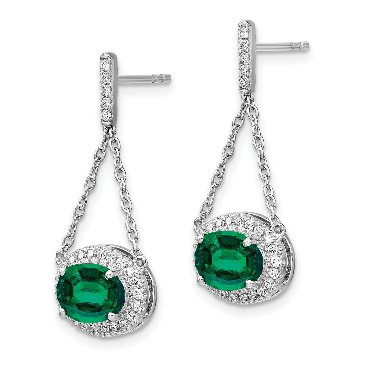 14k White Gold Oval Created Emerald and Diamond Dangle Earrings-EM7228-EM-033-WA