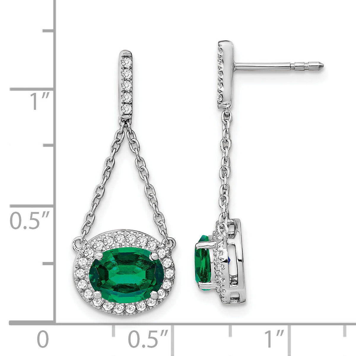 14k White Gold Oval Created Emerald and Diamond Dangle Earrings-EM7228-EM-033-WA