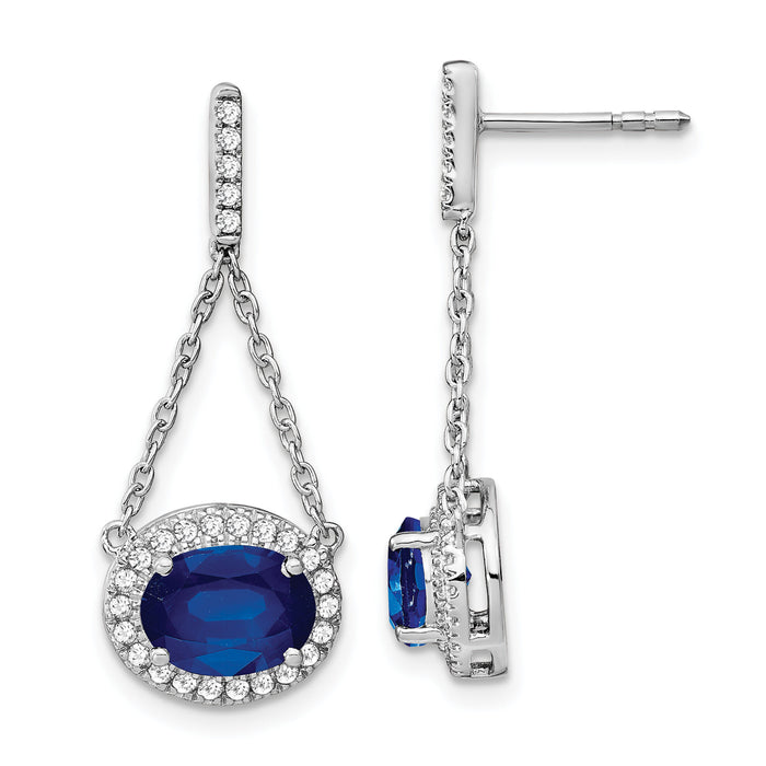 14k White Gold Oval Created Sapphire and Diamond Dangle Earrings-EM7228-SA-033-WA