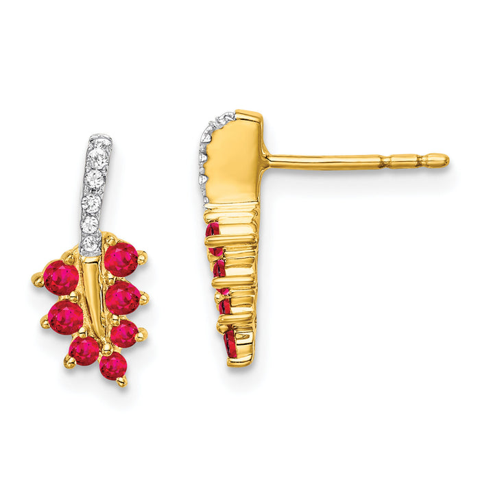 14k Ruby and Diamond Leaf Earrings-EM7248-RU-006-YA