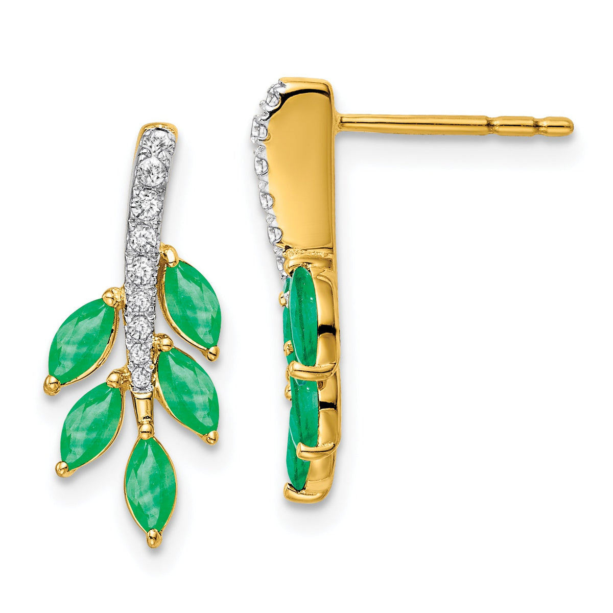 14k Emerald and Diamond Leaf Earrings-EM7249-EM-011-YA