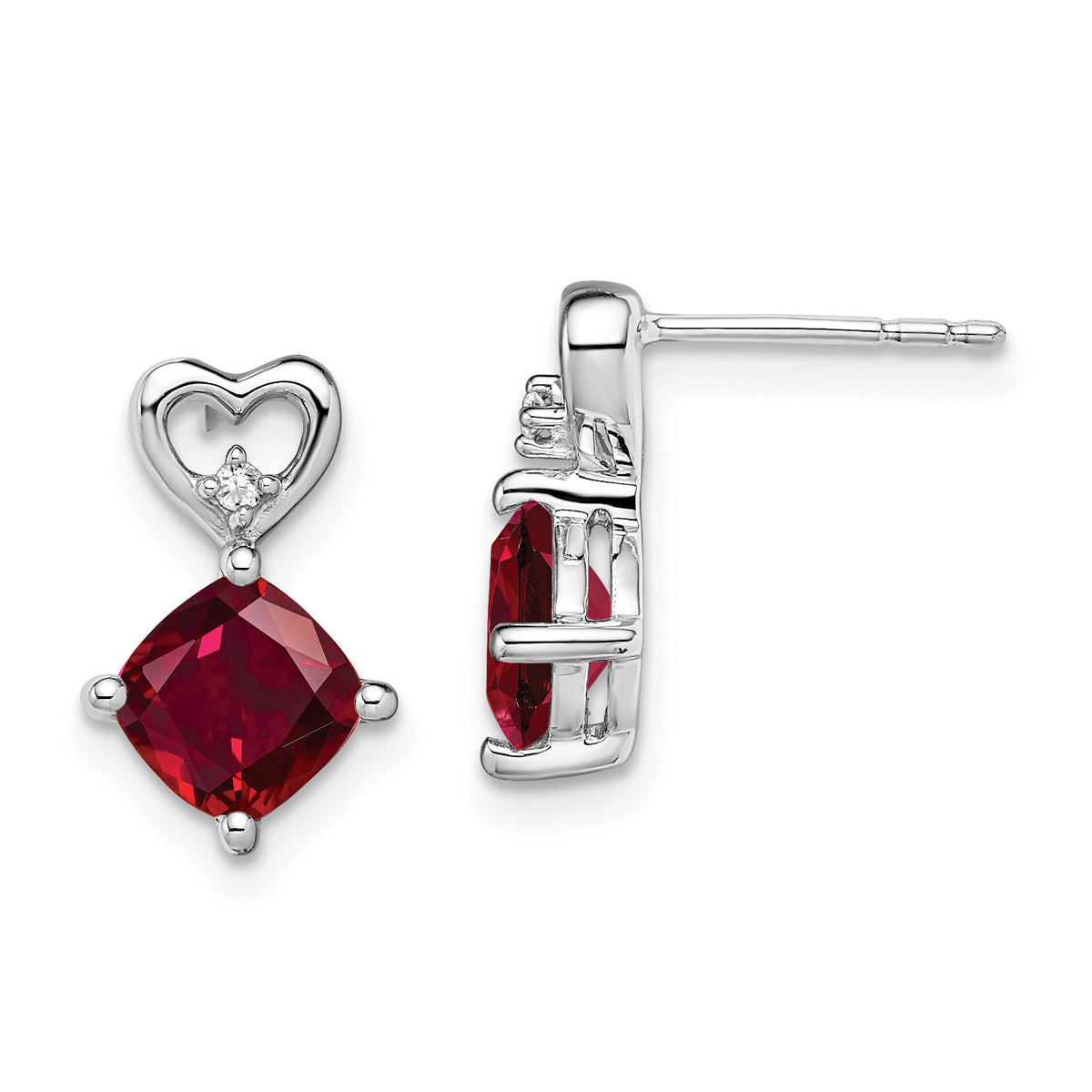 14k White Gold Created Ruby and Diamond Heart Earrings-EM7399-CRU-002-WA