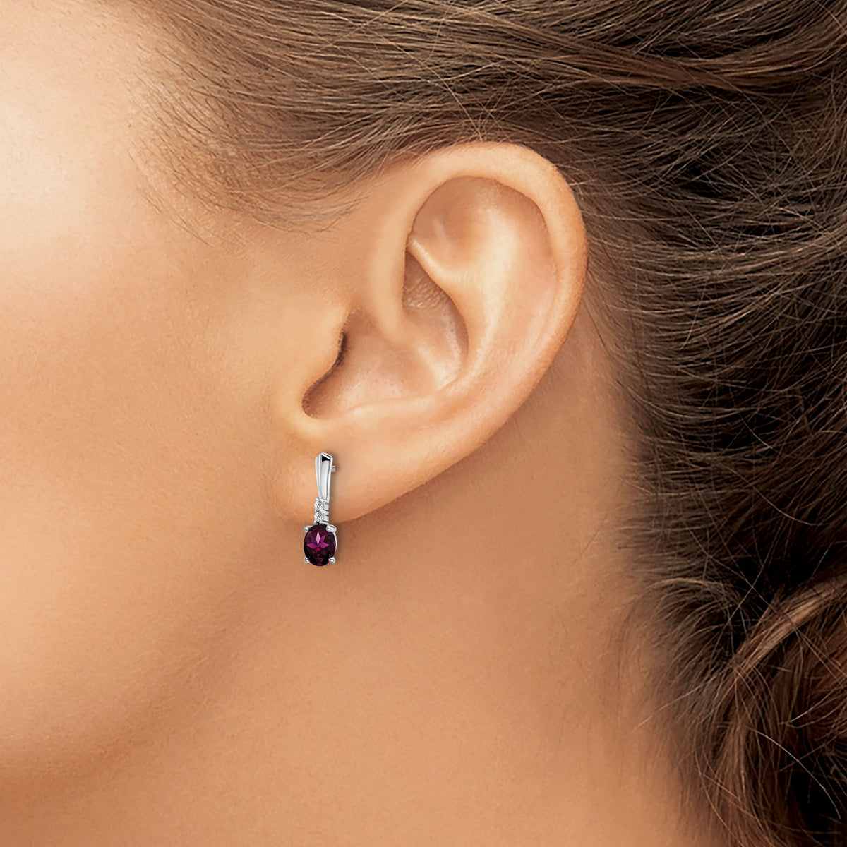 14k White Gold Oval Rhodolite Garnet and Diamond Dangle Earrings-EM7407-RG-004-WA