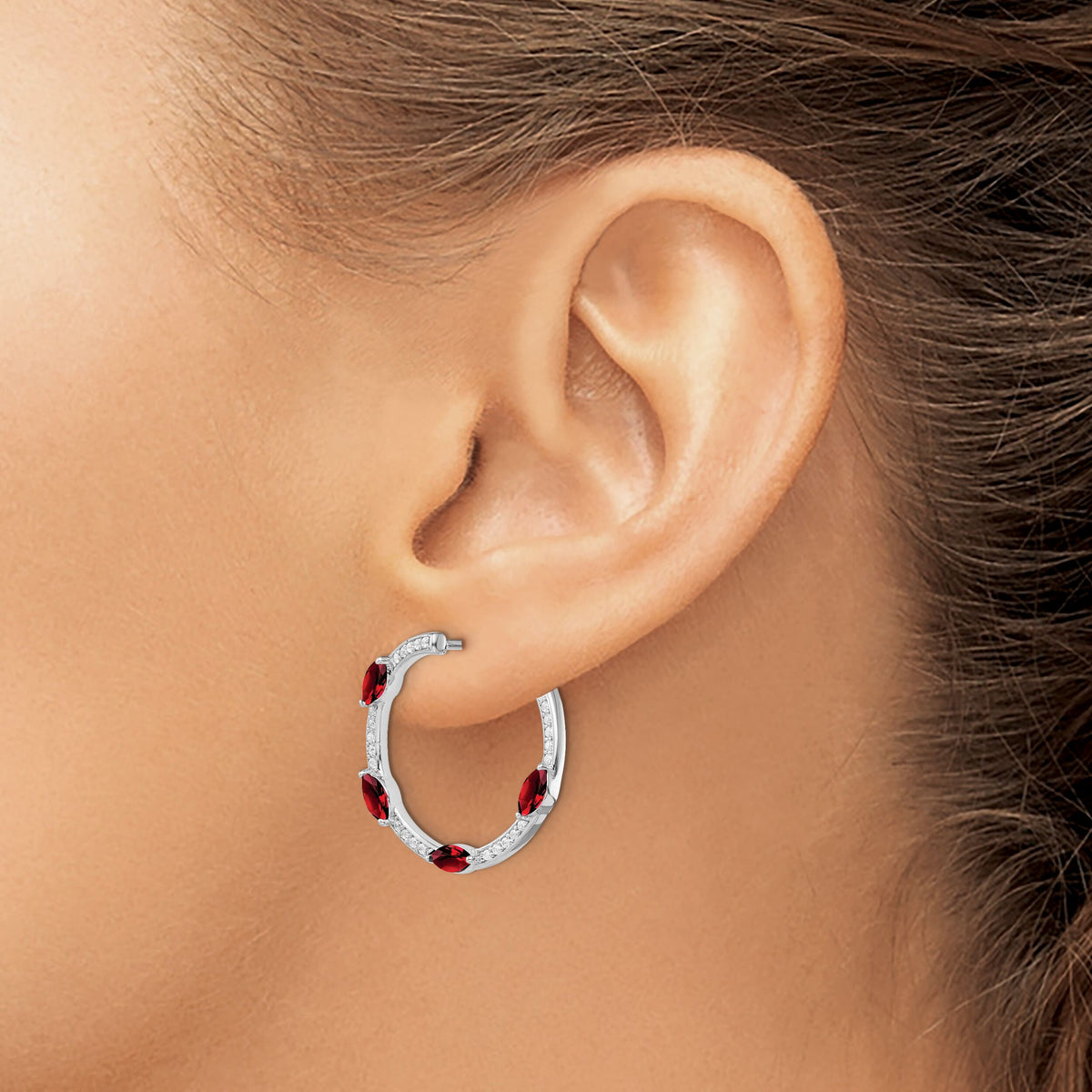 14k White Gold Garnet and Diamond Hoop Earrings-EM7456-GA-026-WA