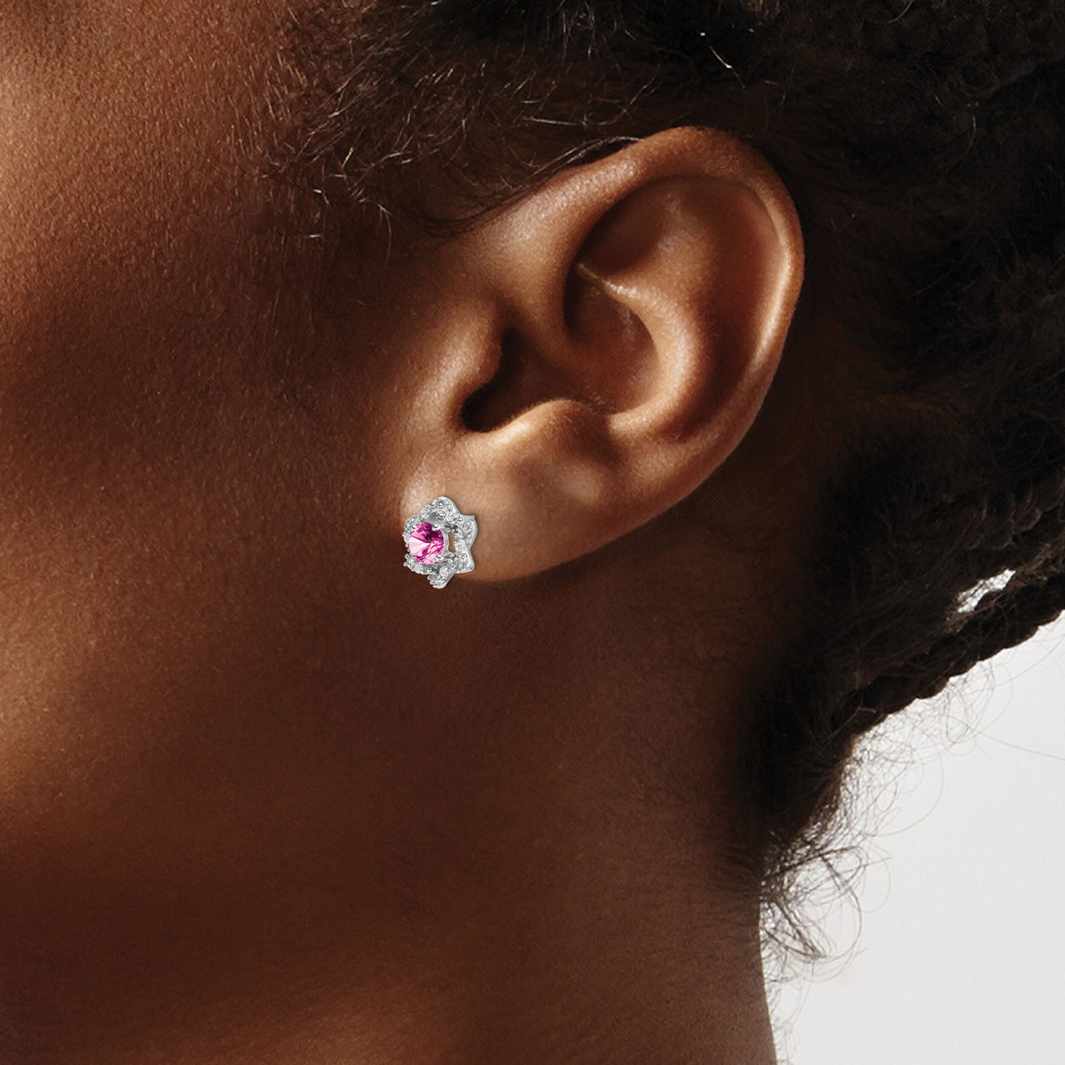 14k White Gold Created Pink Sapphire and Diamond Post Earrings-EM7459-CPS-006-WA