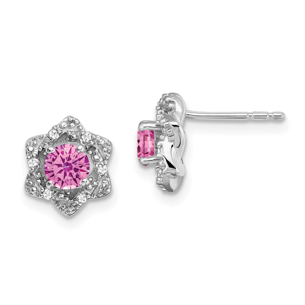 14k White Gold Created Pink Sapphire and Diamond Post Earrings-EM7459-CPS-006-WA