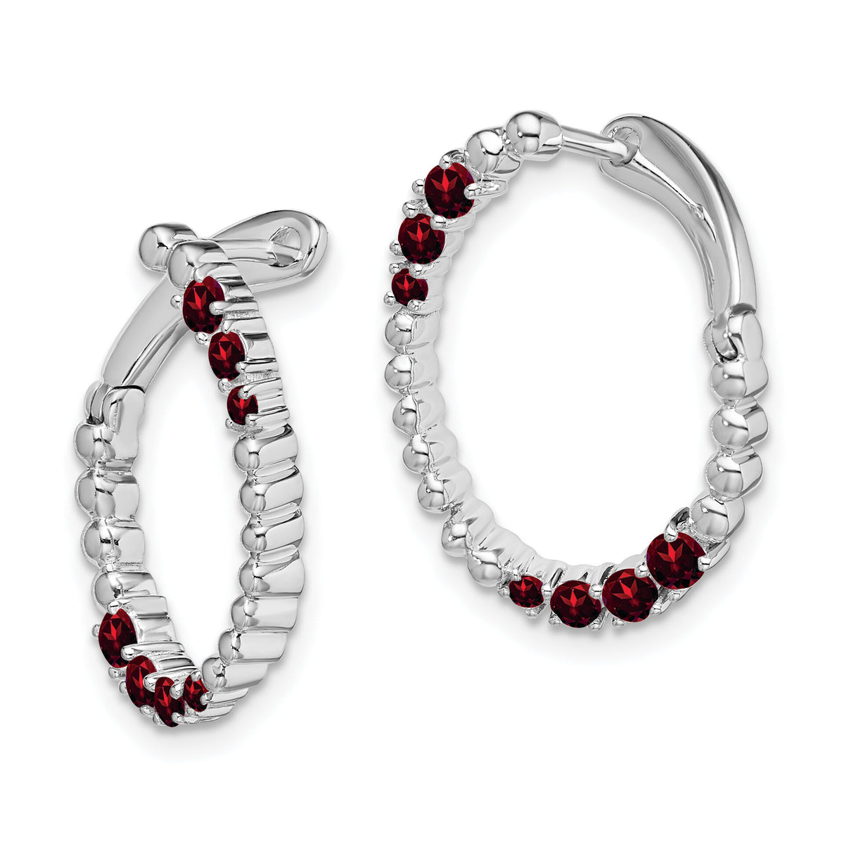 14k White Gold Garnet Oval Hoop Earrings-EM7460-GA-W