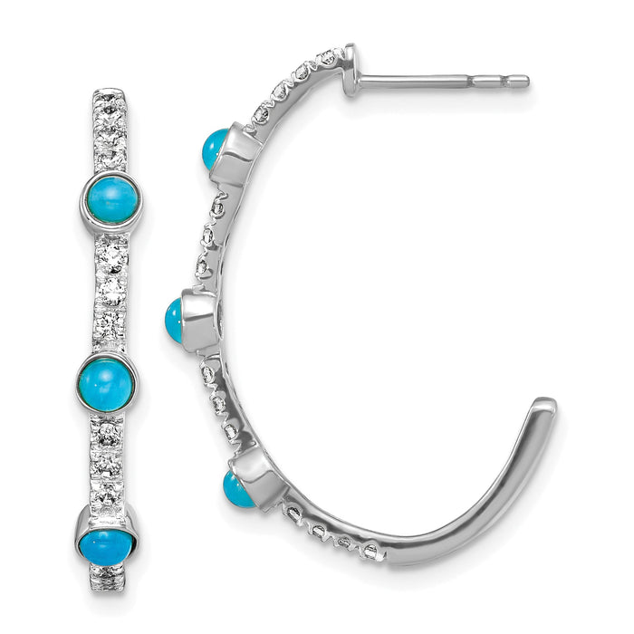 14k White Gold Turquoise and White Topaz J-hoop Earrings-EM7485-BTQ-W