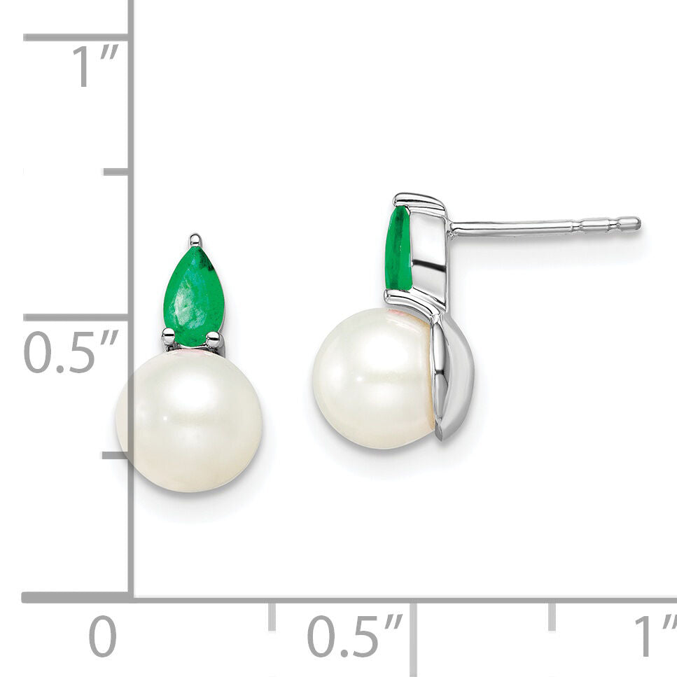 14k White Gold FWC Pearl and Emerald Post Earrings-EM8094-EM-W