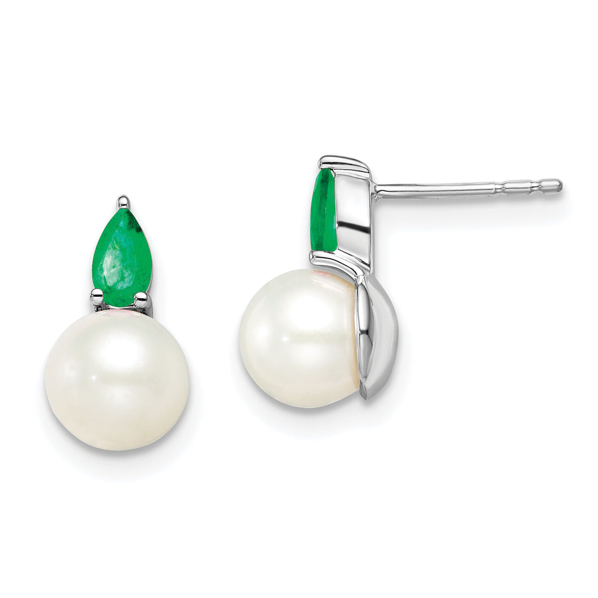 14k White Gold FWC Pearl and Emerald Post Earrings-EM8094-EM-W