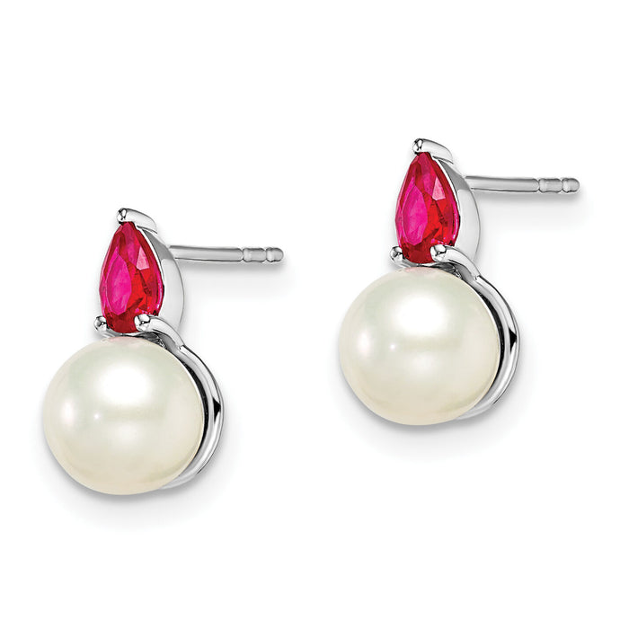 14k White Gold FWC Pearl and Ruby Post Earrings-EM8094-RU-W