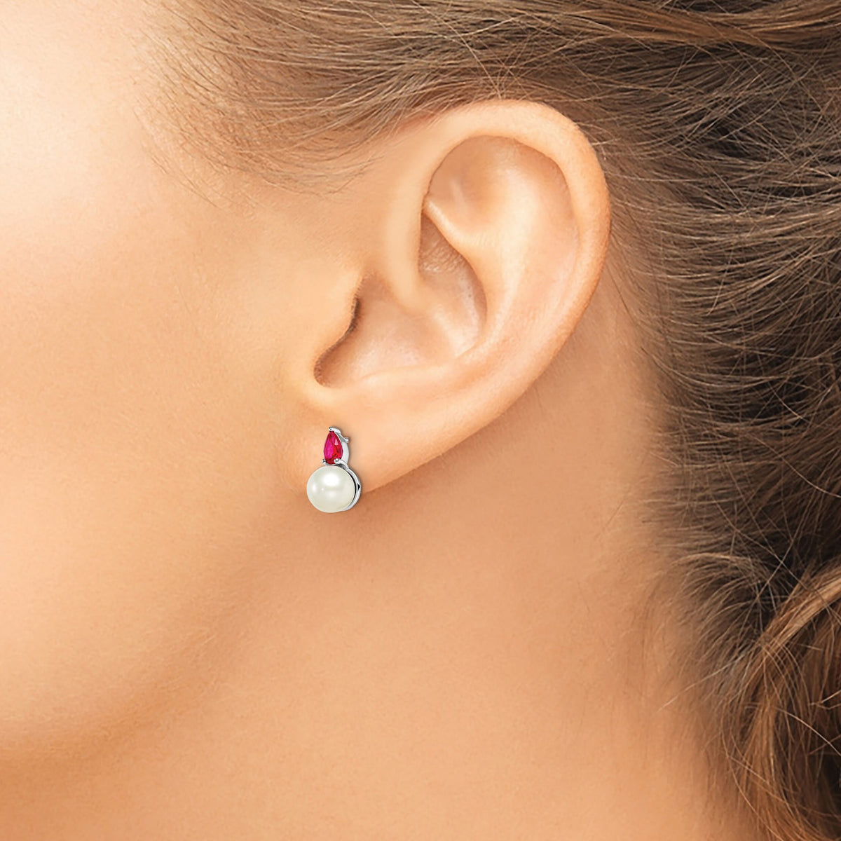 14k White Gold FWC Pearl and Ruby Post Earrings-EM8094-RU-W