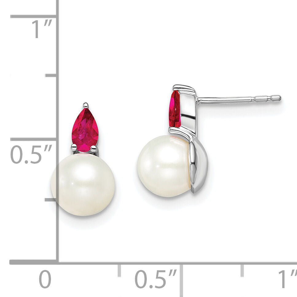 14k White Gold FWC Pearl and Ruby Post Earrings-EM8094-RU-W