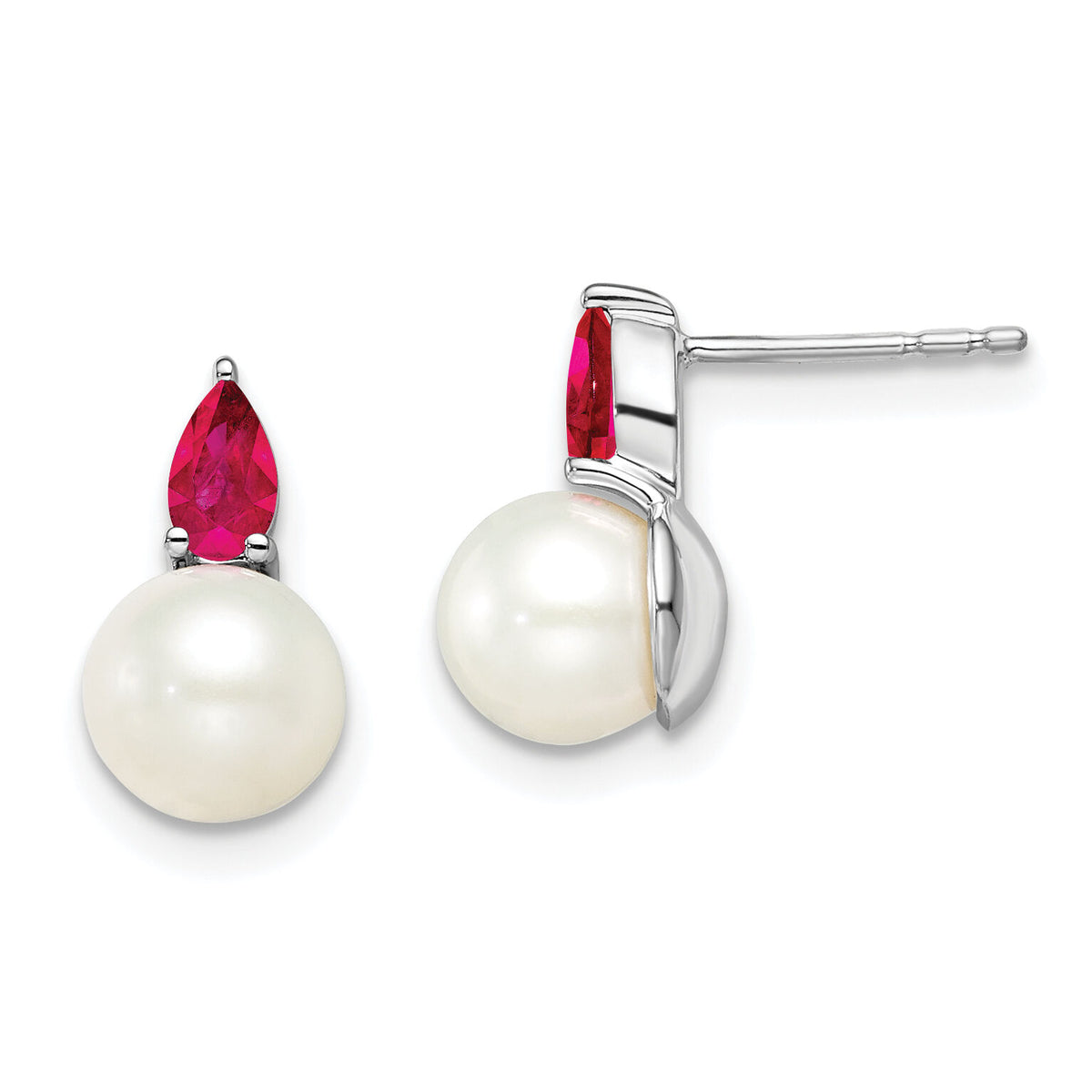 14k White Gold FWC Pearl and Ruby Post Earrings-EM8094-RU-W