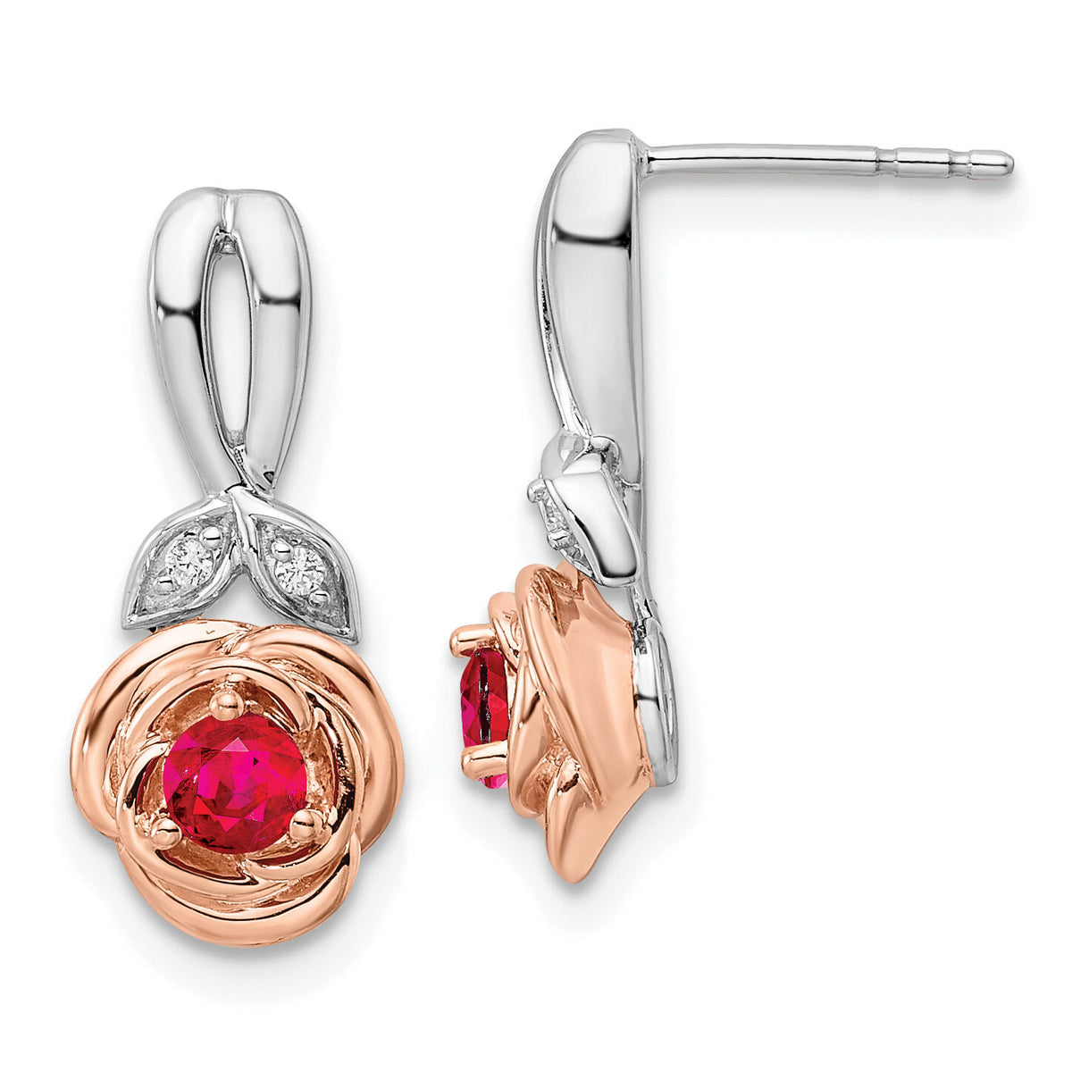 14K Two-tone White & Rose Ruby and Diamond Flower Post Earrings-EM8266-RU-003-WRA