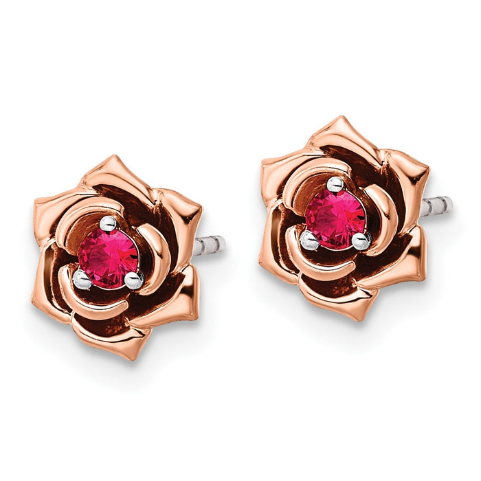 14K Two-tone White & Rose Ruby Flower Post Earrings-EM8274-RU-WR