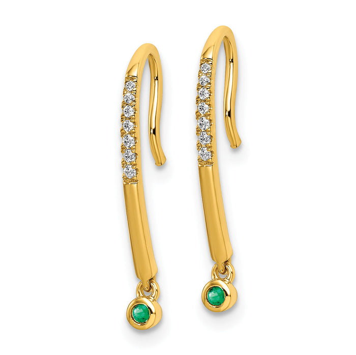 14k Polished Diamond and Emerald Drop Wire Earrings-EM8380-EM-006-YA