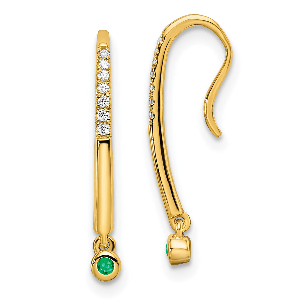 14k Polished Diamond and Emerald Drop Wire Earrings-EM8380-EM-006-YA