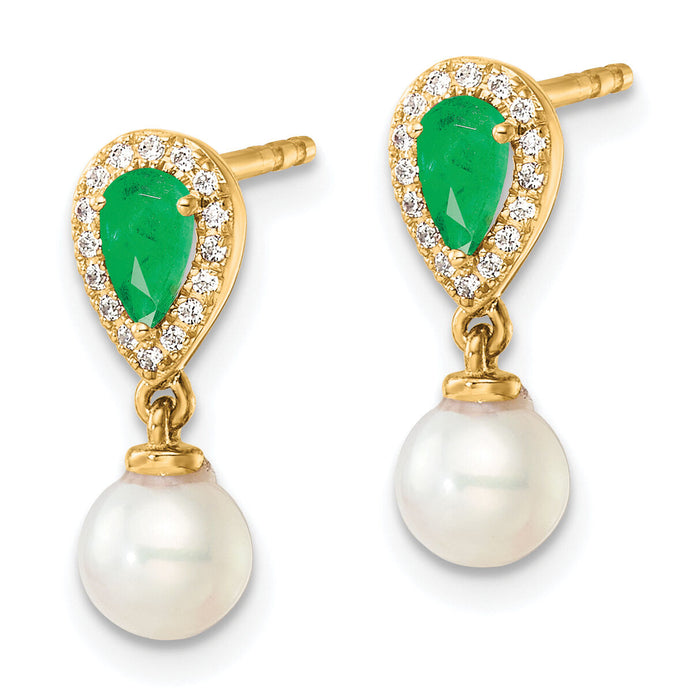 14K Polished Diamond Pearl and Emerald Dangle Post Earrings-EM9982-EM-010-YAA