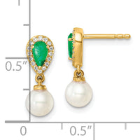 14K Polished Diamond Pearl and Emerald Dangle Post Earrings-EM9982-EM-010-YAA