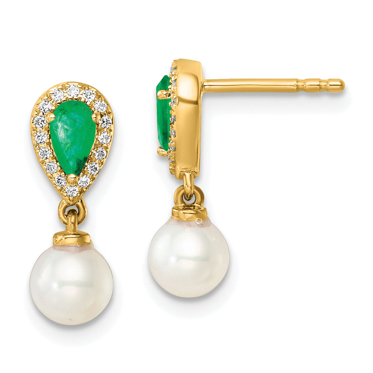 14K Polished Diamond Pearl and Emerald Dangle Post Earrings-EM9982-EM-010-YAA