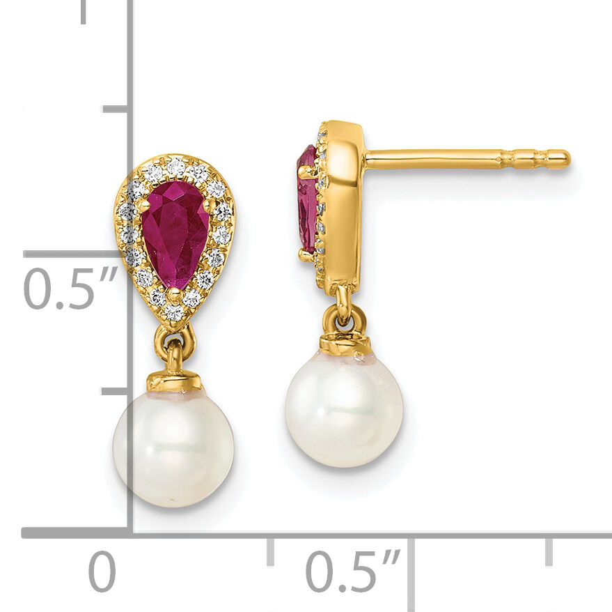 14K Polished Diamond Pearl and Ruby Dangle Post Earrings-EM9982-RU-010-YAA