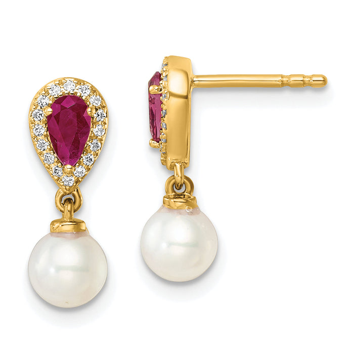14K Polished Diamond Pearl and Ruby Dangle Post Earrings-EM9982-RU-010-YAA
