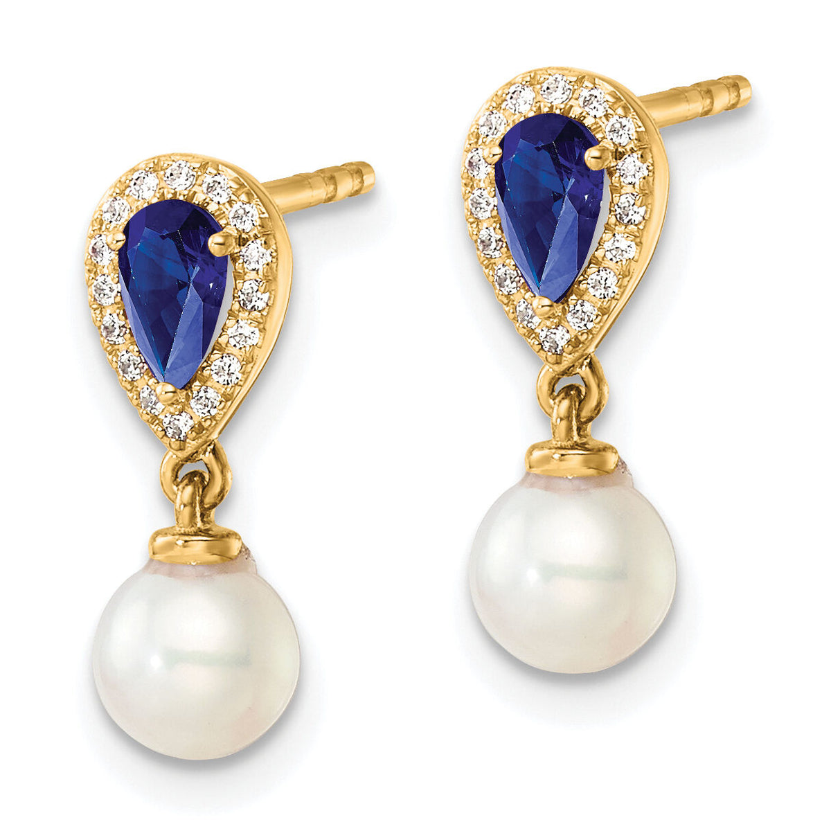 14K Polished Diamond Pearl and Sapphire Dangle Post Earrings-EM9982-SA-010-YAA