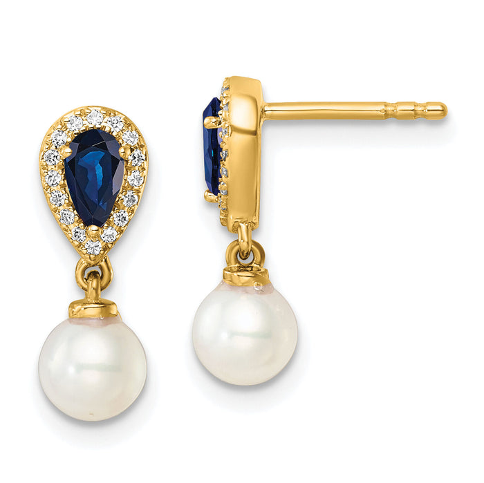 14K Polished Diamond Pearl and Sapphire Dangle Post Earrings-EM9982-SA-010-YAA