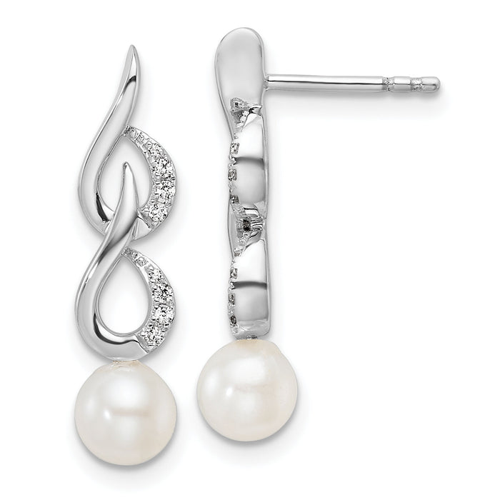 14K White Gold Polished Diamond and Pearl Drop Post Earrings-EM9995-007-WAA