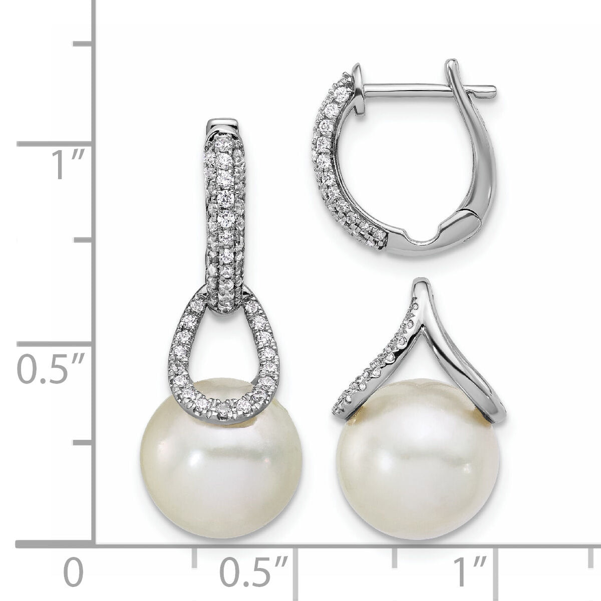 14K White Gold Polished Diamond and Pearl Dangle Hoop Earrings-EM9997-041-WAA