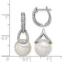 14K White Gold Polished Diamond and Pearl Dangle Hoop Earrings-EM9997-041-WAA