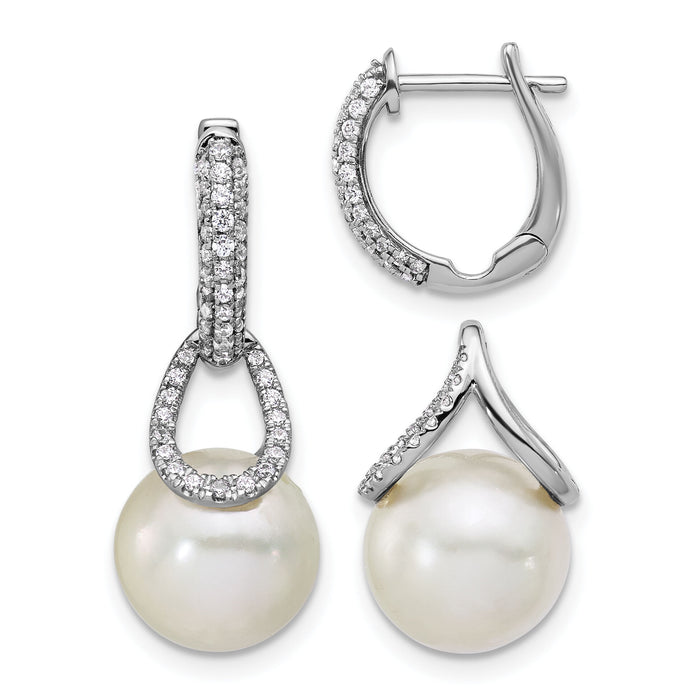 14K White Gold Polished Diamond and Pearl Dangle Hoop Earrings-EM9997-041-WAA