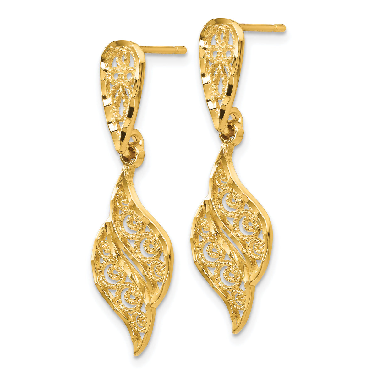 14k Polished & Diamond-Cut Filigree Swirl Dangle Post Earrings-F989