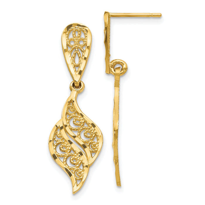 14k Polished & Diamond-Cut Filigree Swirl Dangle Post Earrings-F989