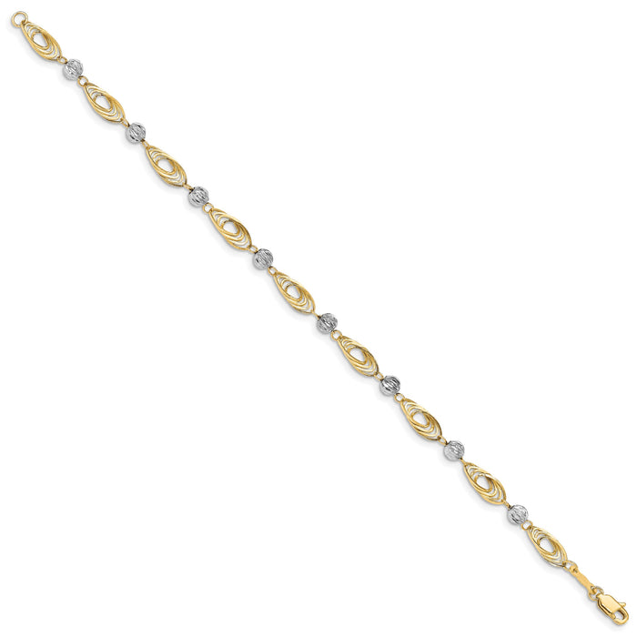 14K Gold Two-tone Oval Links with Diamond Cut Beads Bracelet-FB1349-7.25