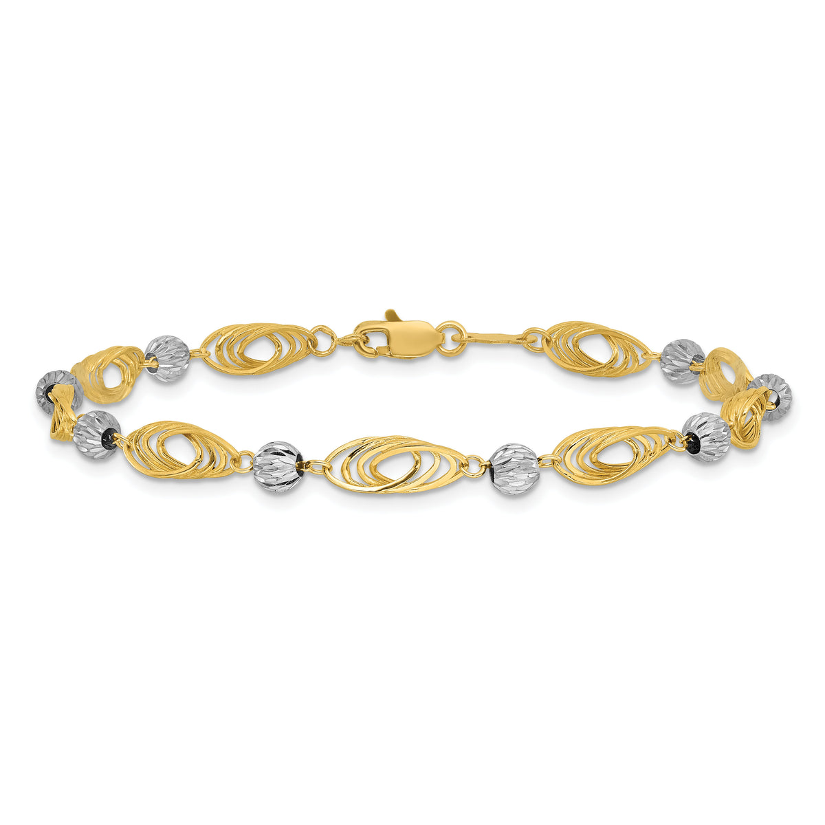 14K Gold Two-tone Oval Links with Diamond Cut Beads Bracelet-FB1349-7.25