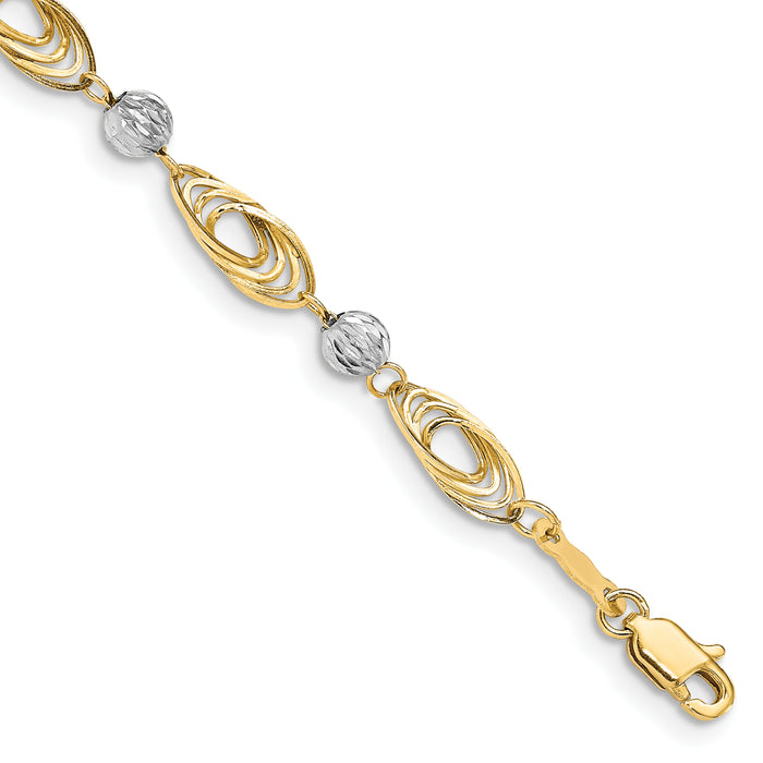14K Gold Two-tone Oval Links with Diamond Cut Beads Bracelet-FB1349-7.25