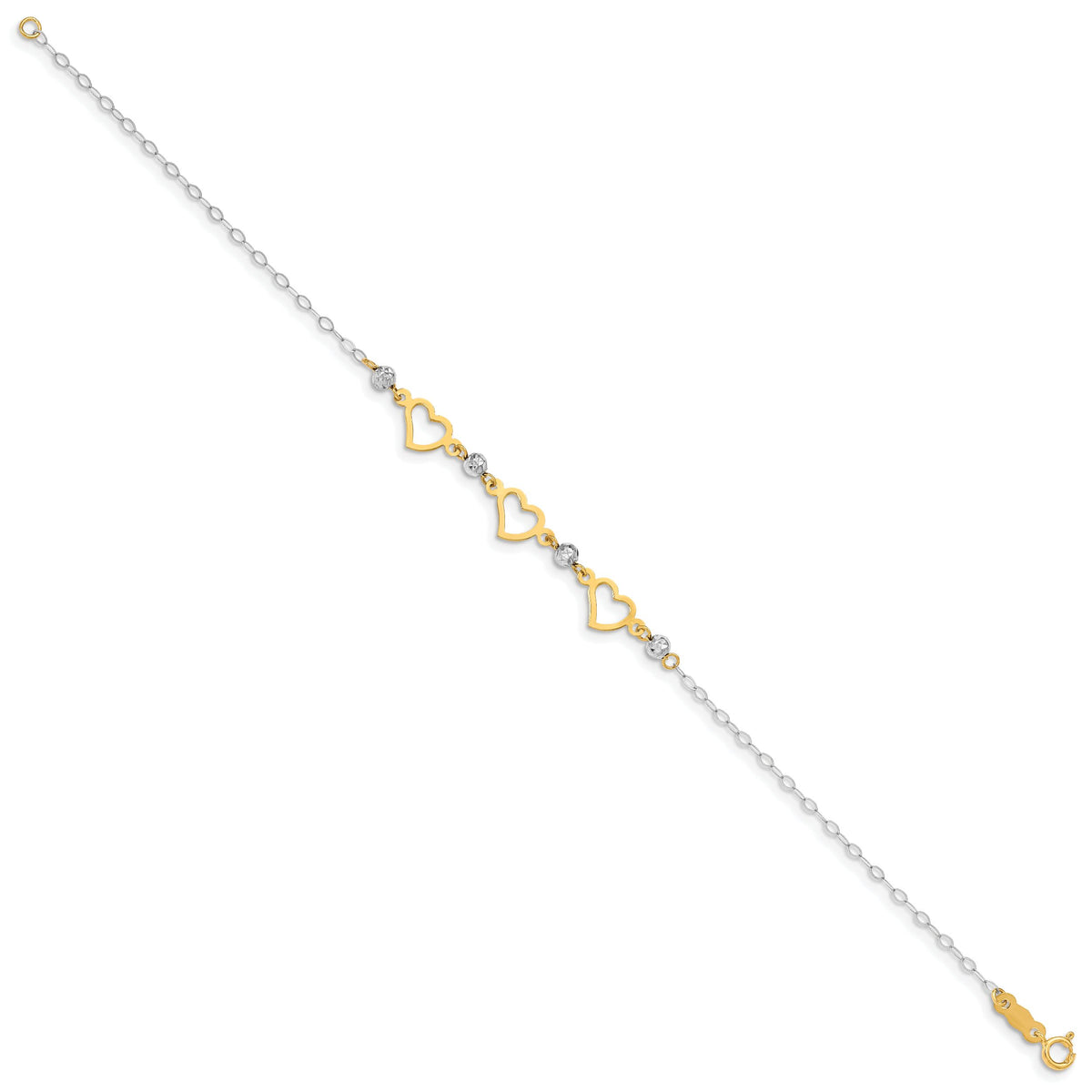 14K Two-tone Oval Link Diamond Cut Beads and Heart Bracelet-FB1356-6