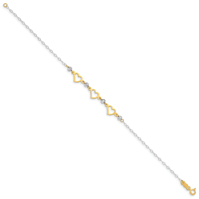 14K Two-tone Oval Link Diamond Cut Beads and Heart Bracelet-FB1356-6