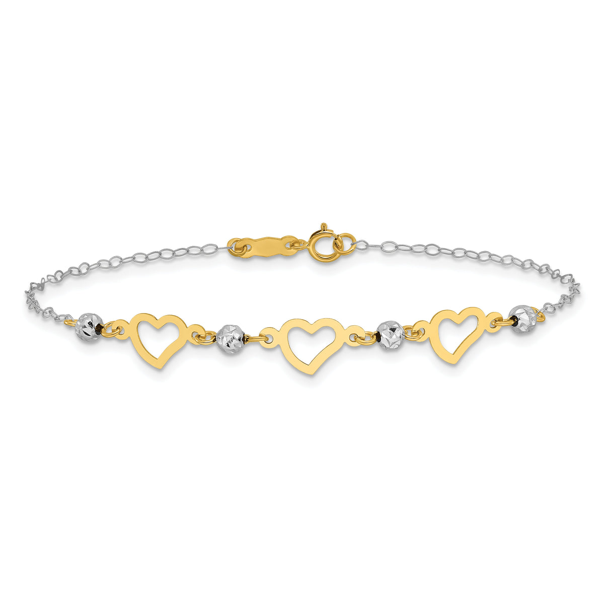 14K Two-tone Oval Link Diamond Cut Beads and Heart Bracelet-FB1356-6