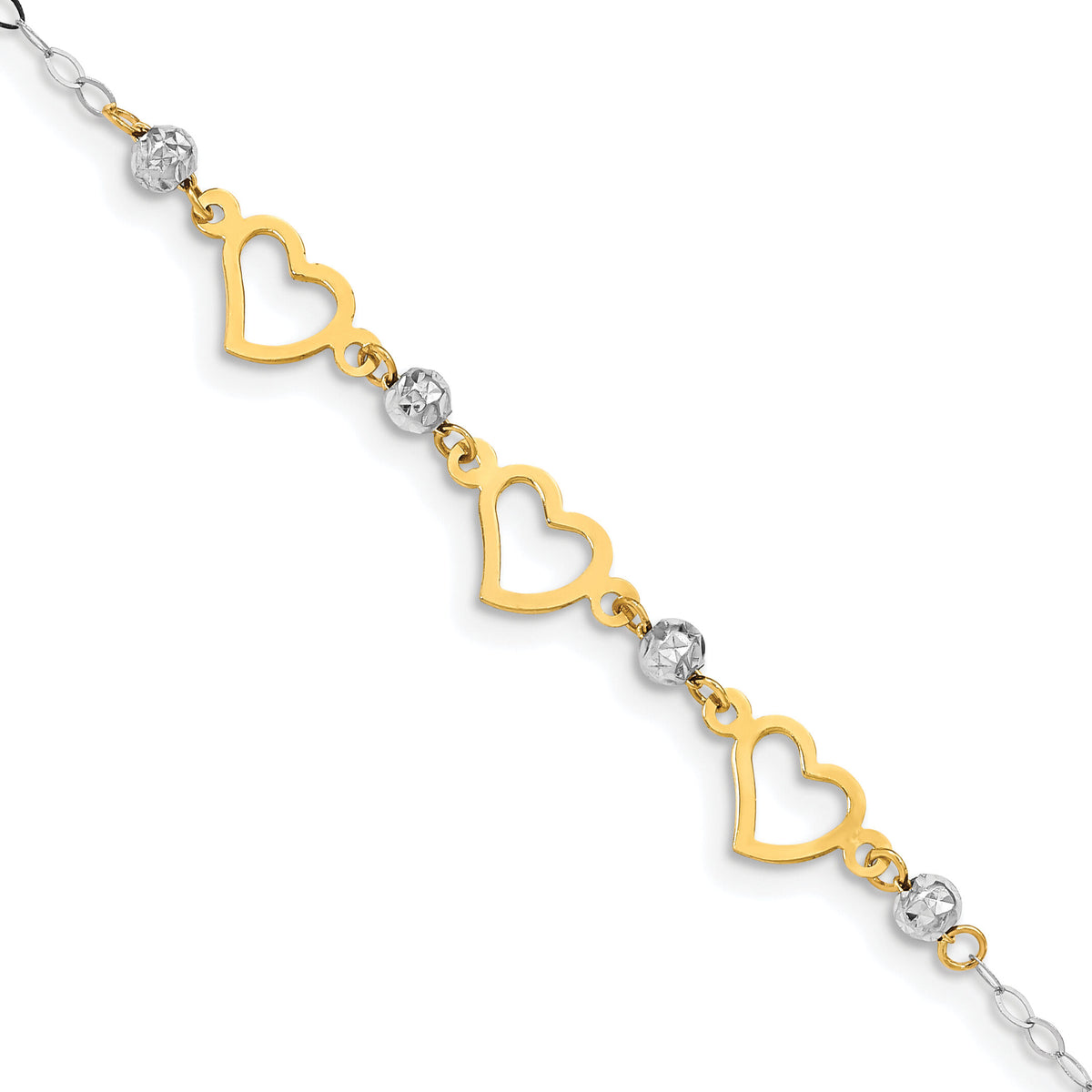 14K Two-tone Oval Link Diamond Cut Beads and Heart Bracelet-FB1356-6