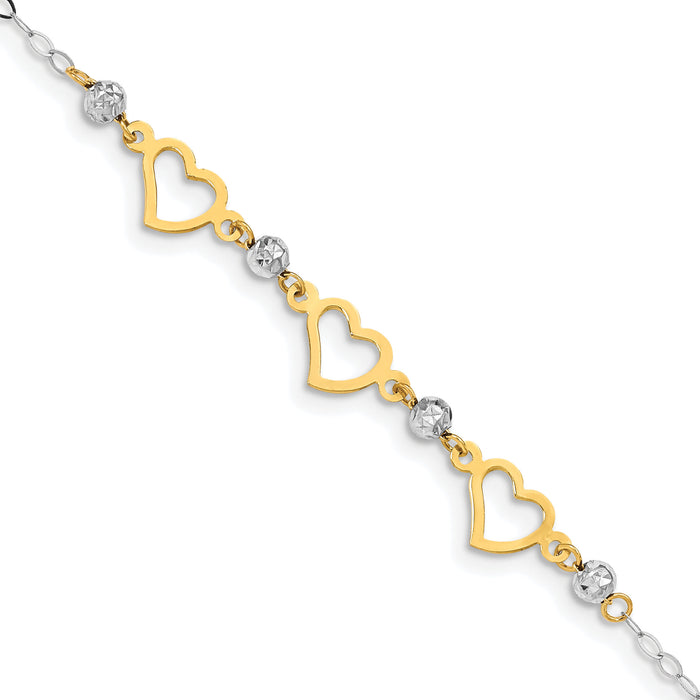 14K Two-tone Oval Link Diamond Cut Beads and Heart Bracelet-FB1356-7.5