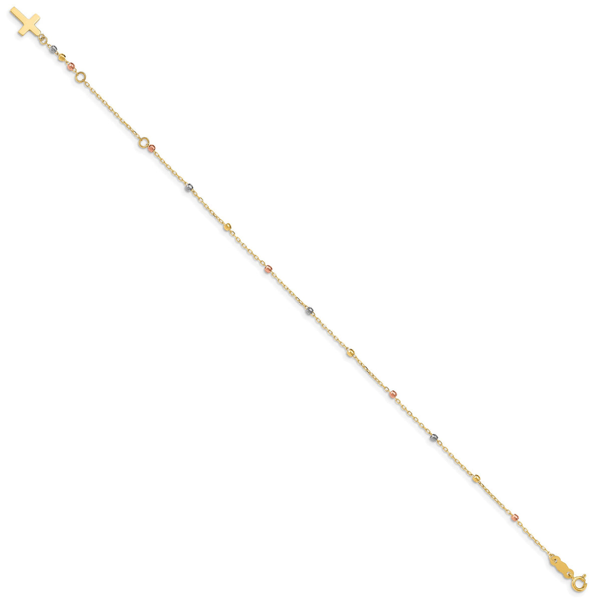 14K Tri Colored Gold Diamond Cut Beaded Cross W/1 IN Ext Bracelet-FB1456-7