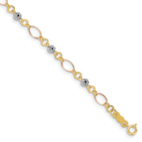 14k Tri-color Polished Diamond-cut Ovals & Donut Beads Bracelet-FB1467Y/W/R-7.5