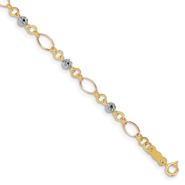 14k Tri-color Polished Diamond-cut Ovals & Donut Beads Bracelet-FB1467Y/W/R-7.5